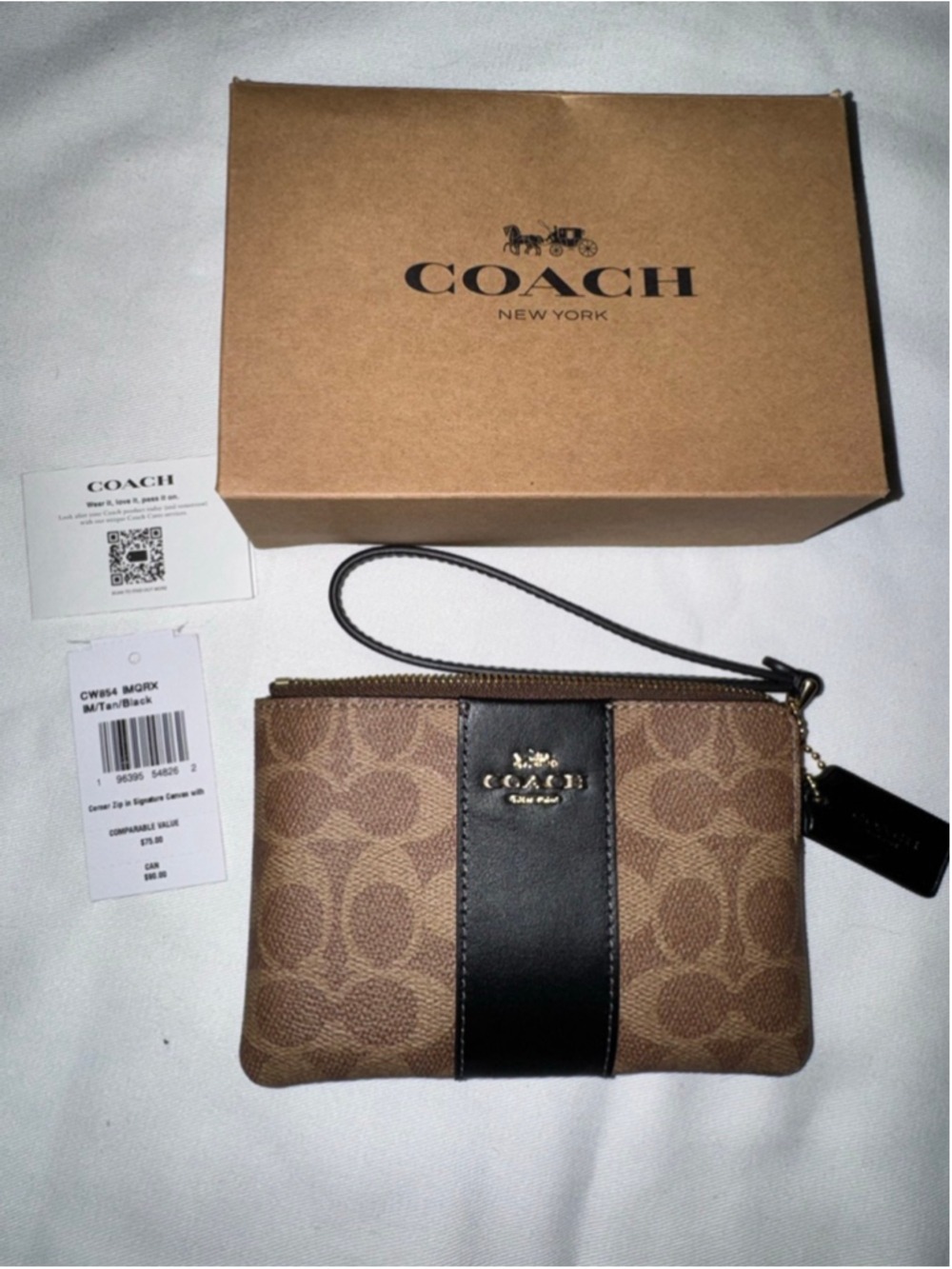 NWT Coach Corner Zip Wristlet Signature Canvas Tan Black Wallet Pouch - Picture 5 of 7